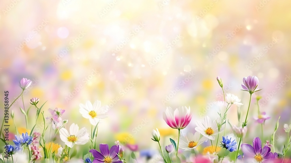 Fototapeta premium Serene Spring Meadow with Multicolored Wildflowers and Pastel-Toned Blurred Background, Floral Border Design Featuring Bokeh Effect for Social Media Graphics, Web Banners or Nature-Inspired Digital P