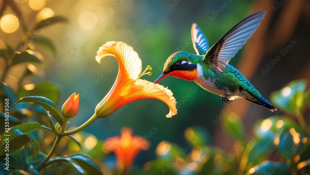 Obraz premium A male Broad-billed Hummingbird was observed feeding on Nicotiana in Madera Canyon.