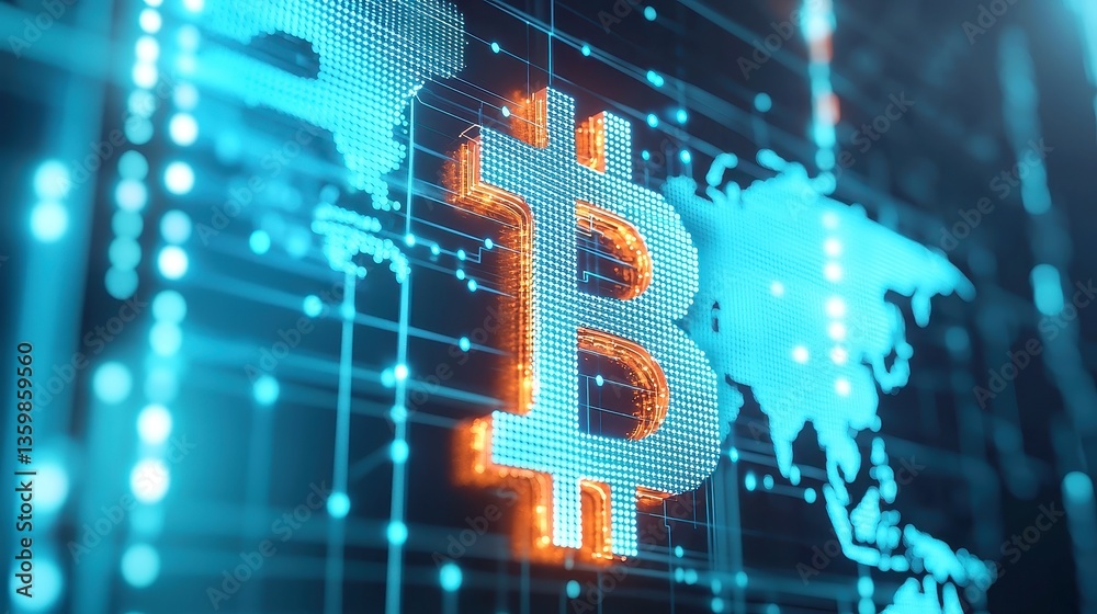 Obraz premium Global Digital Currency Network, vibrant transaction pathways in bright cyan-blue connecting glowing dots on a world map, illuminated cryptocurrency symbols depicting digital economics.
