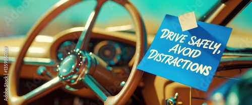 Obraz na płótnie A blue paper note attached to the car's steering wheel, containing a reminder for the driver to drive carefully and minimize distractions while on the road. w salonie