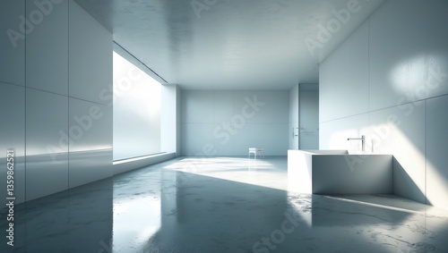 Wallpaper Mural Spacious white bathroom featuring a concrete floor and a podium in the corner by the window, viewed from the side. An empty, contemporary room. Torontodigital.ca