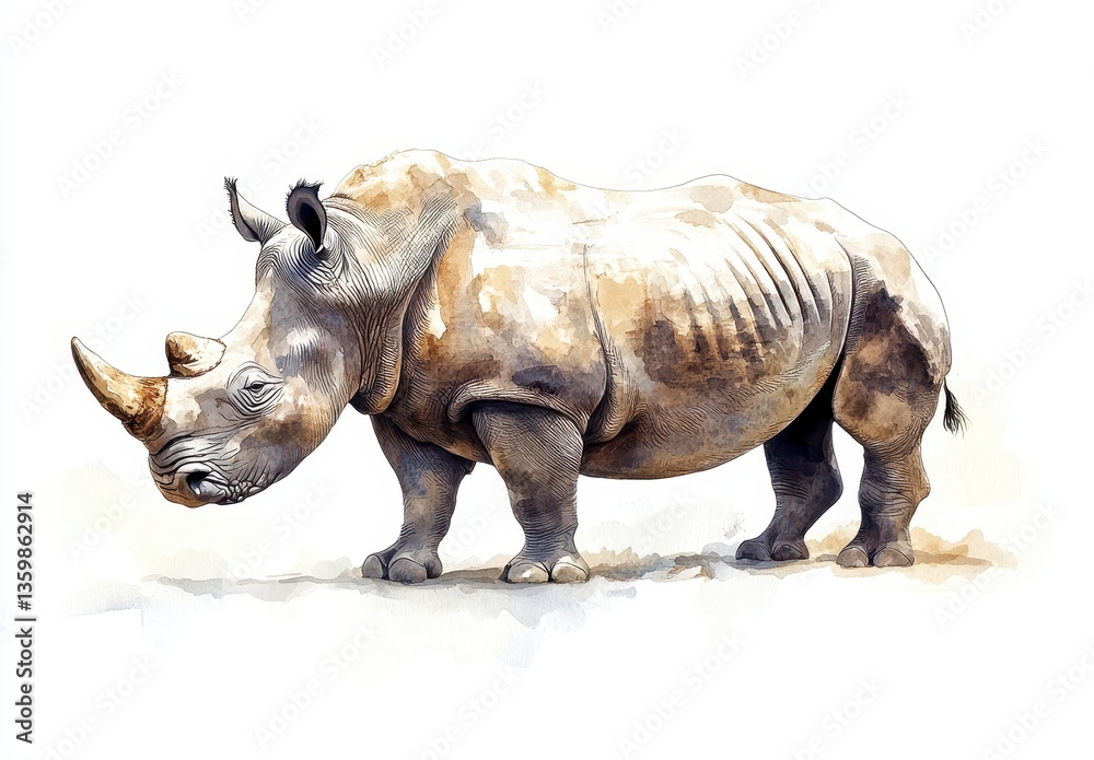 Fototapeta premium Digital Watercolor Illustration of a Rhinoceros with Thick Skin and Prominent Horn on a White Background