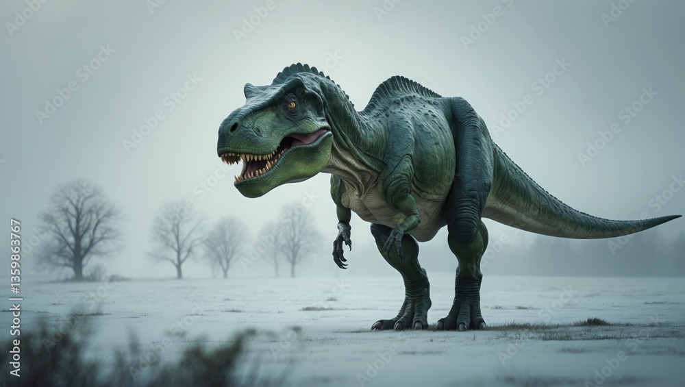 Fototapeta premium A solitary Tyrannosaurus Rex looking for its siblings in the frigid wilderness.