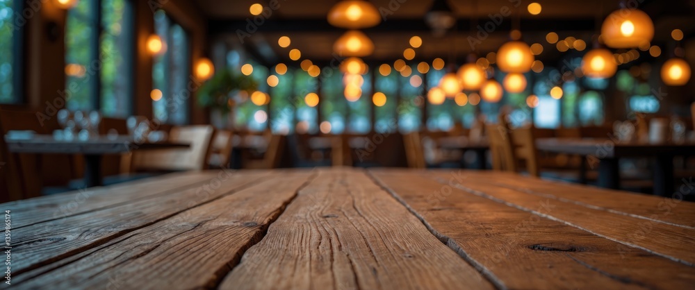 A detailed view of a wooden tabletop in focus against a backdrop of warm, blurred bokeh lights.