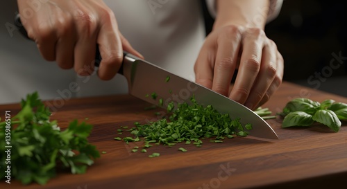 Wallpaper Mural Person Chopping Fresh Parsley and Herbs on a Wooden Cutting Board Torontodigital.ca