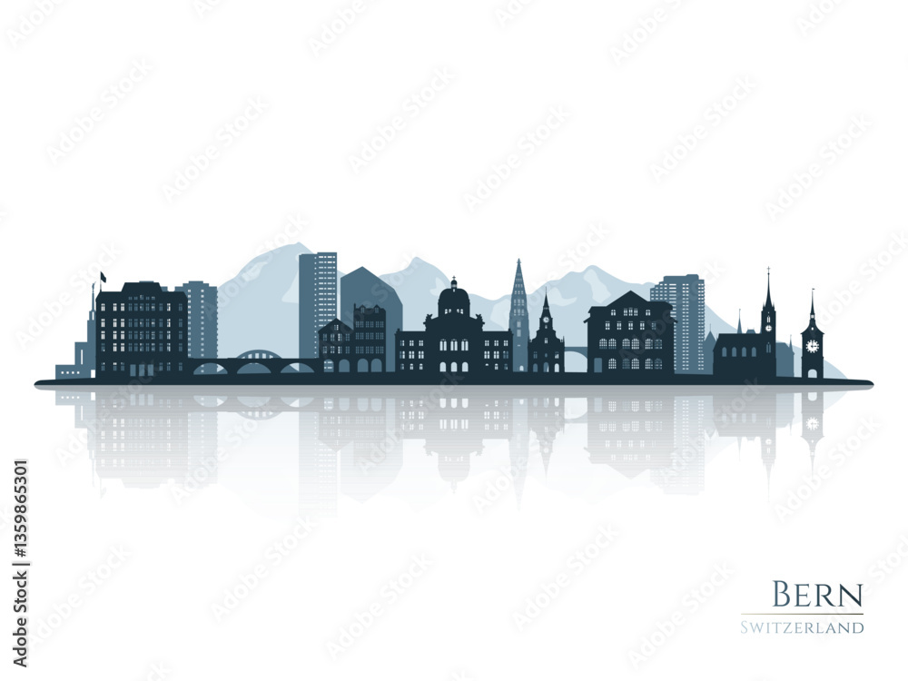 Obraz premium Bern skyline silhouette with reflection. Landscape Bern, Switzerland. Vector illustration.