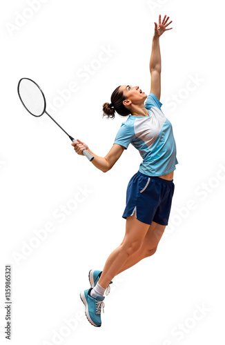 Female badminton player doing jump smash mid-air with badminton racket