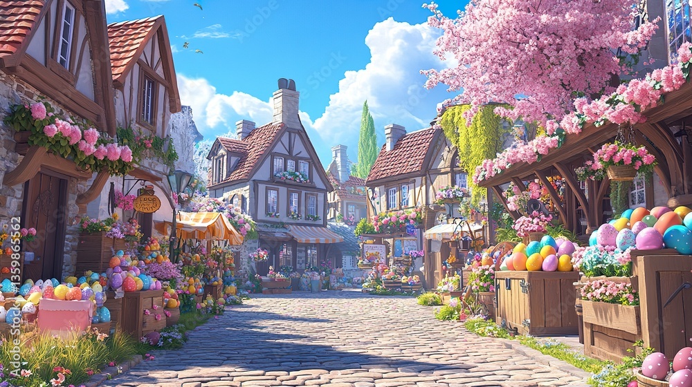 Fototapeta premium A charming Easter village square with cobblestone streets, flower-wrapped lampposts, and pastel eggs displayed on market stalls. 