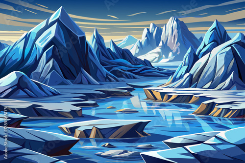 landscape of snowy north pole with icy field and rocks illustration cartoon