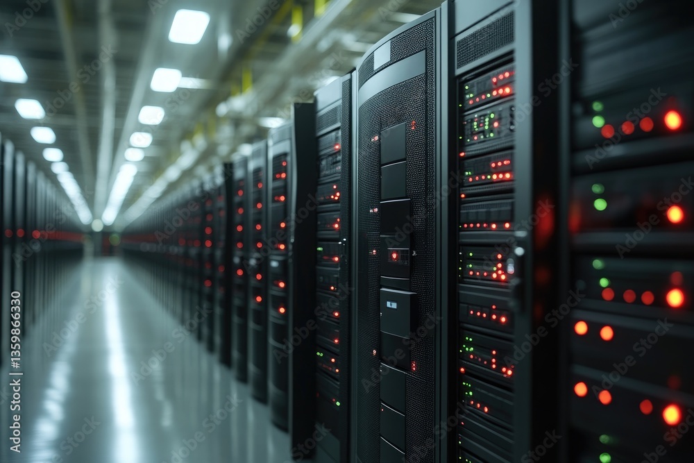A data center hallway lined with server racks and lights