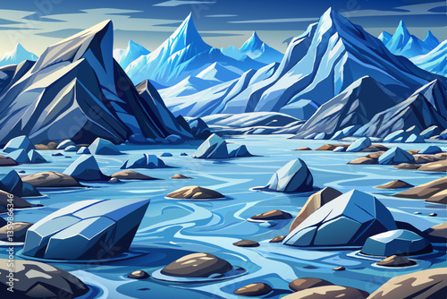 landscape of snowy north pole with icy field and rocks illustration cartoon