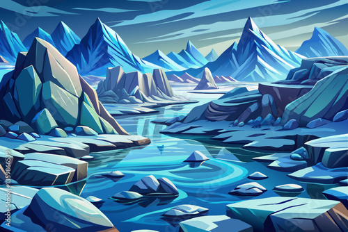 landscape of snowy north pole with icy field and rocks illustration cartoon