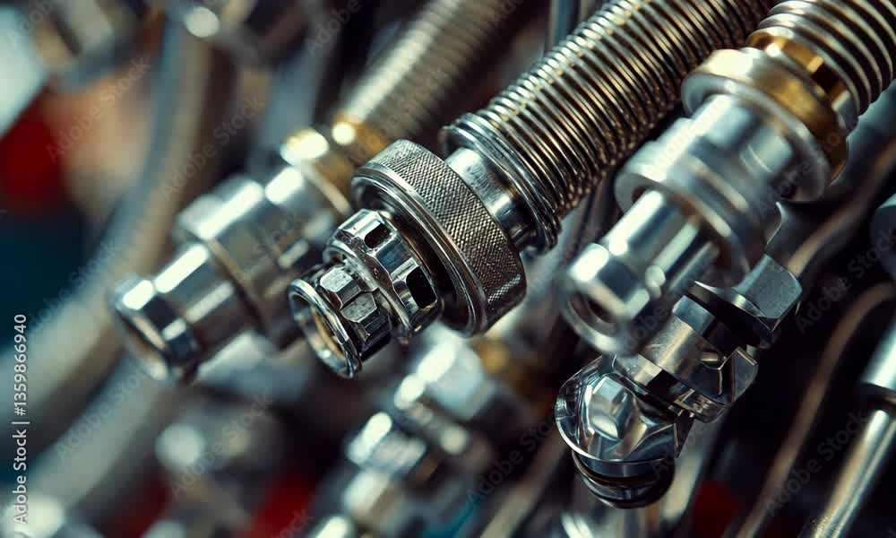 Closeup of Precision Engine Components and Hardware in Industrial Workshop Setting Closeup of Precision Engine Components and Hardware in Industrial Workshop Setting