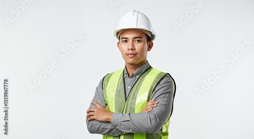 Serious Filipino engineer in protective gear, arms crossed, standing against neutral backdrop for infrastructure or safety concept. Filipino engineer with helmet in neutral background.