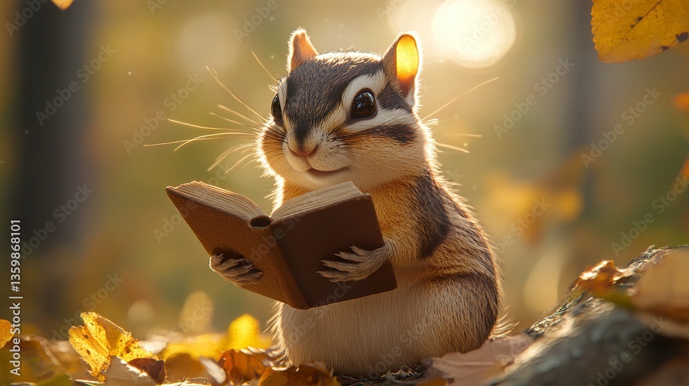 Fototapeta premium A chipmunk holding a small book, cheeks puffed, lifelike fur and soft golden lighting. 