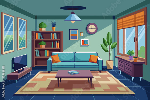 Cozy modern living room illustration with large windows, green walls, and stylish furniture