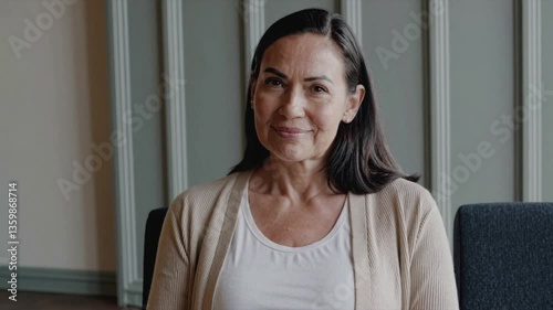 A brunette 50 year old woman in a simple cardigan sits and smiles in a waiting room chair, simple decor composition