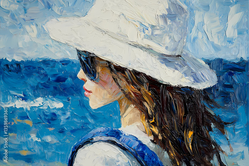 Lady by the Ocean: An impressionistic painting depicts a woman in a sunhat, gazing out at the ocean, capturing the serene mood of a beautiful day.