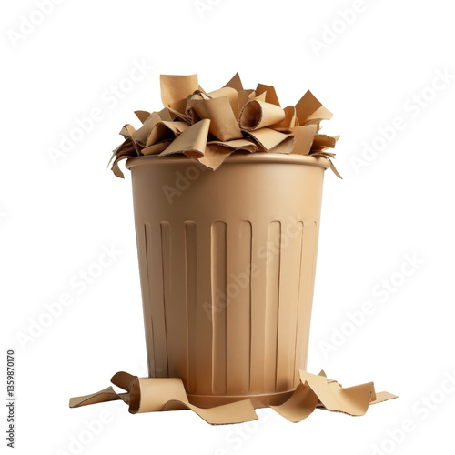 Cardboard waste overflowing from brown plastic bin in an indoor setting