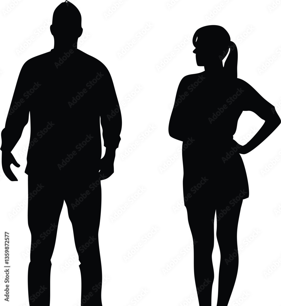 Black Silhouette of Man and Woman Standing on Isolated White Background Black Silhouette of Man and Woman Standing on Isolated White Background