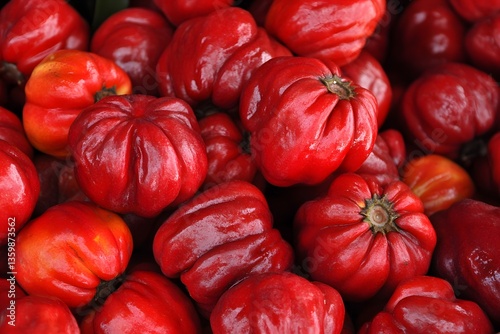 Vibrant Red Acerola Cherries Close Up, Heap of Tropical Fruits