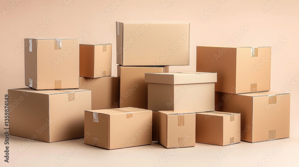 Collection of assorted cardboard boxes stacked for shipping and storage in a neutral setting Collection of assorted cardboard boxes stacked for shipping and storage in a neutral setting