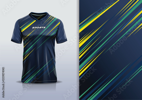 T-shirt mockup abstract stripe line jersey design for football, soccer, racing, esports, running, in  green yellow color