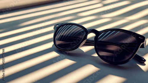 Sunglasses resting on windowsill, striped shadows, summer, travel