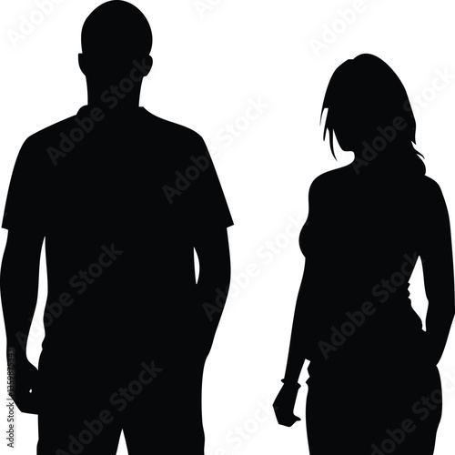 Couple Silhouette, Man and Woman Standing. Dark Shape on White Background. Isolated