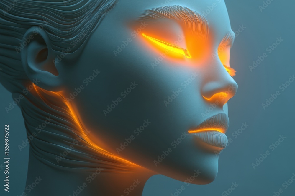 Abstract rendering of a serene human face with glowing features in a blue background