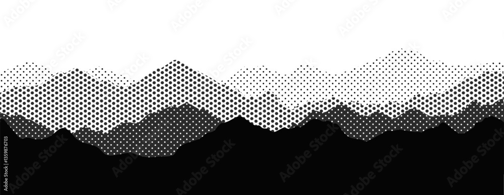Halftone dots background, mountain landscape, dotted pop art hills fading dts black and white banner, monochrome panorama vector illustration