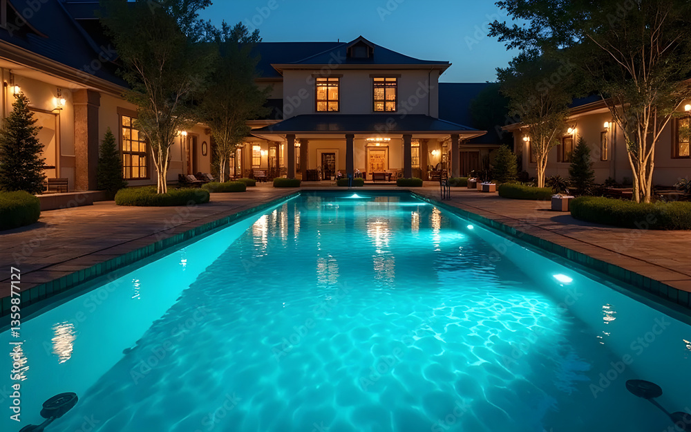 Fototapeta premium Inviting turquoise pool glowing at dusk in front of luxury villa