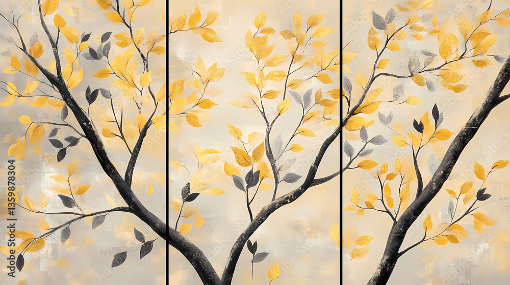 Golden Canopy: A serene painting captures the delicate dance of autumn leaves, with gold and silver leaves against a subtle background, evoking feelings of tranquility. Golden Canopy: A serene painting captures the delicate dance of autumn leaves, with gold and silver leaves against a subtle background, evoking feelings of tranquility.
