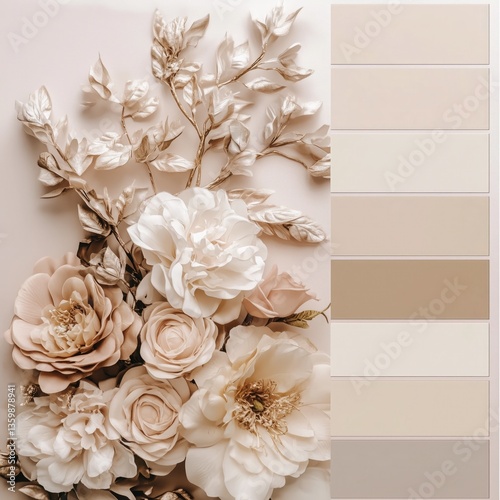 Elegant floral composition with roses, peonies, and golden leaves on light pink background beside a soft neutral color palette.