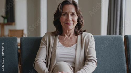 50 year old brunette with wavy hair sits with legs crossed in a waiting room and smiles broadly, slow moving camera