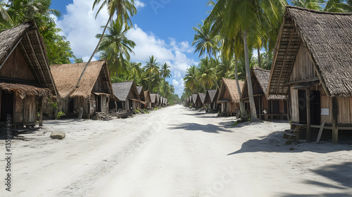 Tropical Village Street With Thatched Huts And Palm Trees