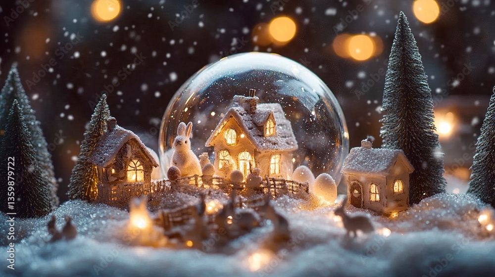 A delicate Easter snow globe scene with a tiny pastel village, miniature rabbits, and soft glowing egg-shaped lights swirling in a gentle snowfall. A delicate Easter snow globe scene with a tiny pastel village, miniature rabbits, and soft glowing egg-shaped lights swirling in a gentle snowfall.