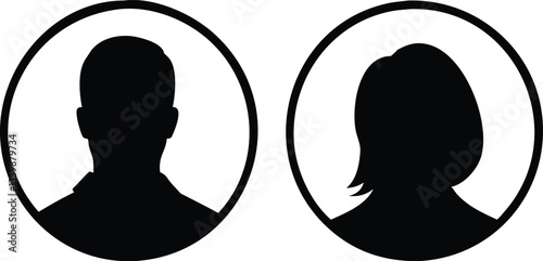 Man and Woman Silhouette Profile Avatars, Circle Icons, Black and White Portraits