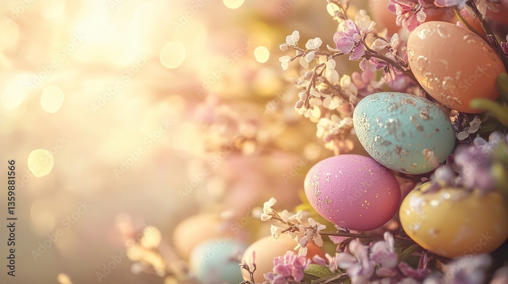 Obraz premium A delicate pastel Easter background with softly painted eggs, intricate floral vines, and golden light filtering through. 