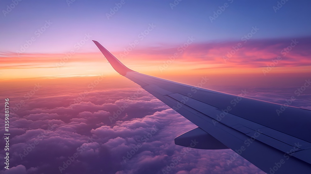 Fototapeta premium Sunset Flight: A breathtaking view of cloudscape from an airplane wing during a vibrant sunset.