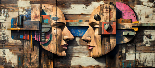 Wallpaper Mural Cognitive Connection: An artistic representation of two faces with wooden textures and colorful abstract elements, creating a dialogue that visualizes the complexity of human interaction Torontodigital.ca