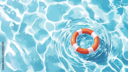 Top-down close-up shot of an orange and white life preserver floating in a swimming pool.  The water is a light blue, with visible ripples emanating from the life preserver. The image is highly