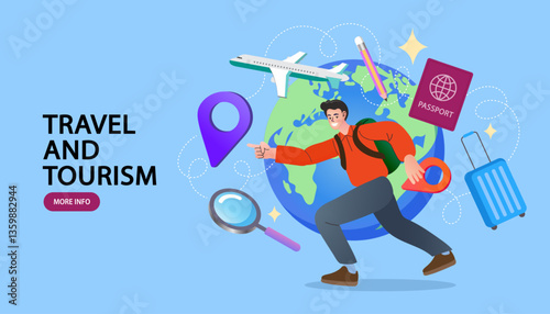 Traveling Around the World. Air Transportation Concept. Travel by Airplane. World Map and Earth Globe Design with Plane Flying Intercontinental Routes to Various Destinations