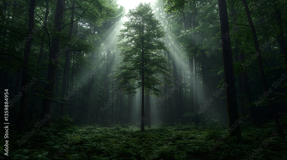 Fototapeta premium Sunlight piercing a misty forest (1)