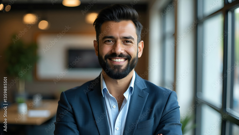 Flat Happy smiling bearded indian business man small business owner company leader sales manager successful lawyer looking at camera standing in office headshot portrait concept as Happy smiling beard Flat Happy smiling bearded indian business man small business owner company leader sales manager successful lawyer looking at camera standing in office headshot portrait concept as Happy smiling beard