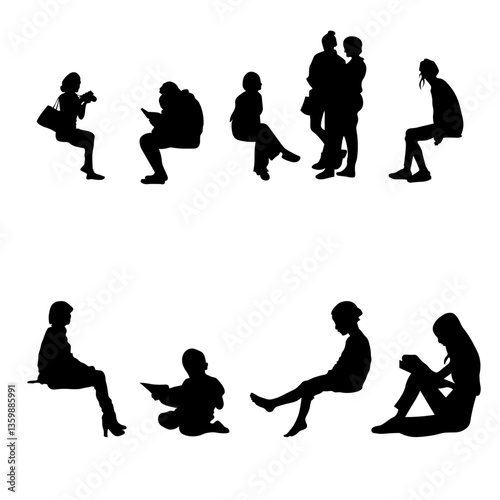 10 png silhouettes of people in sitting postures	
