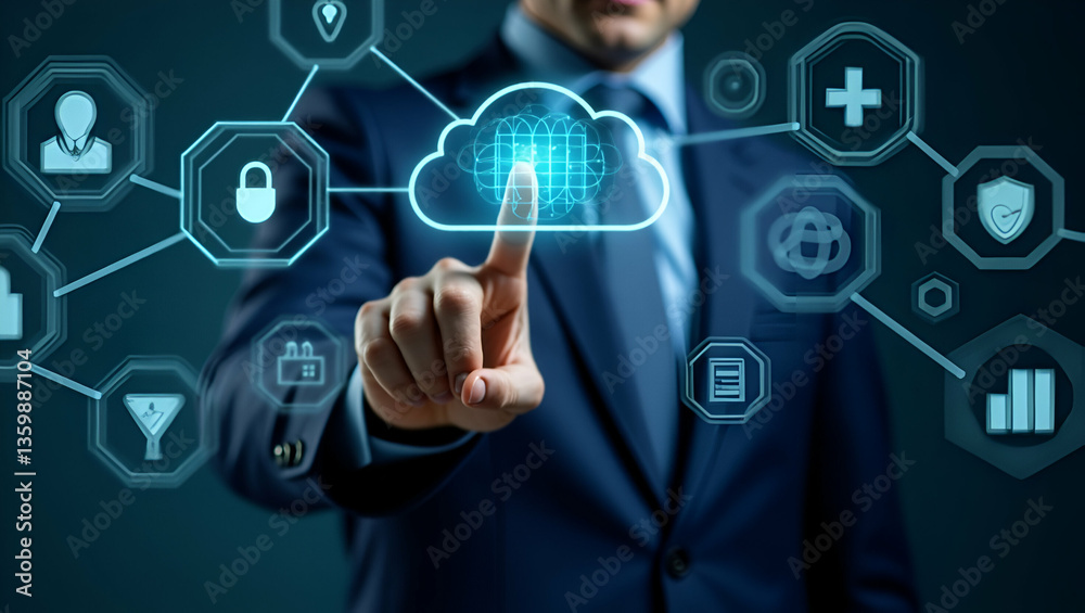 Businessman Engages with SASE Icons for Cloud Security Solutions