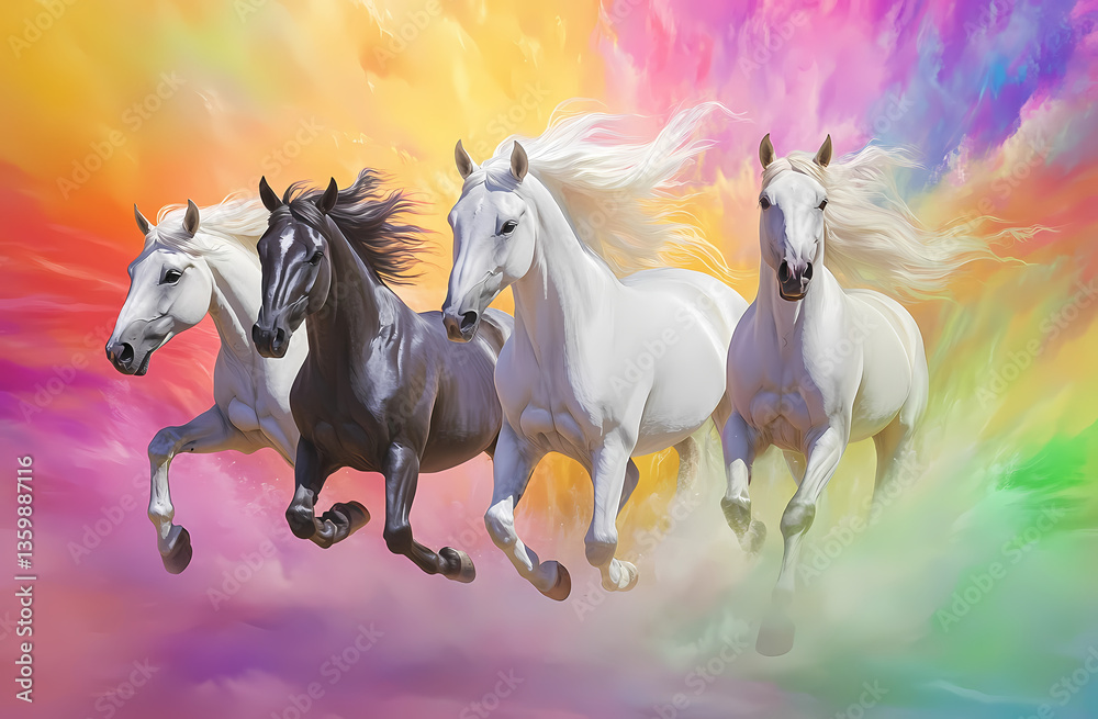 Fototapeta premium Celestial Gallop: Four majestic horses, a symphony of colors dancing around them, running free through an ethereal realm, a symbol of freedom. 