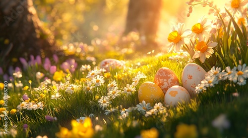 A dreamy Easter meadow scene with eggs nestled among daffodils, tulips, and daisies, glowing under soft golden light.