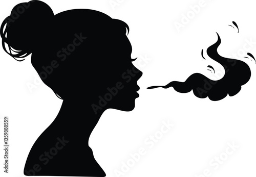 Silhouette Profile of Woman Blowing Black Smoke, Hair Bun, Mystery, Dark Fantasy